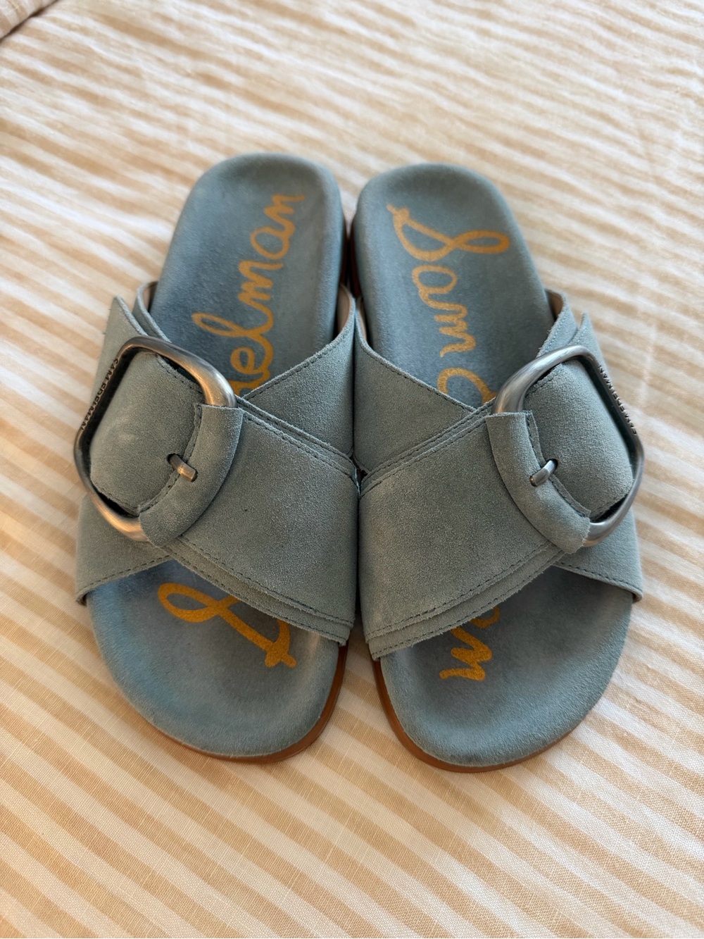 Sam Edelman Pale Blue Suede Buckle Slide Sandals